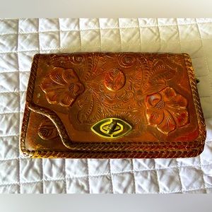 Vintage tooled leather purse clutch wallet